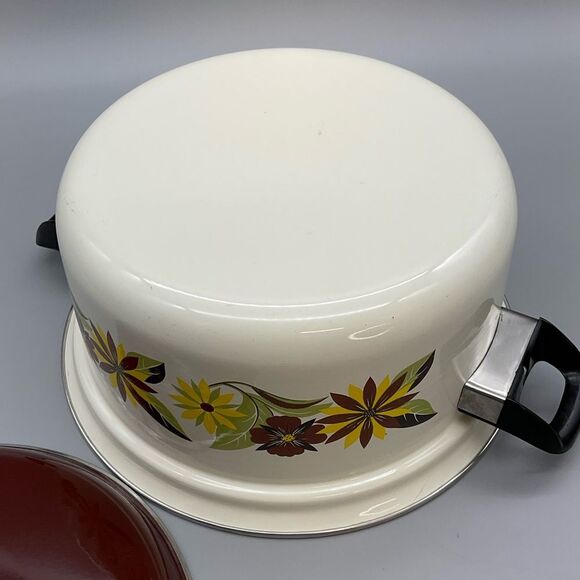 70s Floral Enamel Ware Dutch Oven Stock Pot Double Handle MCM - Picture 7 of 9